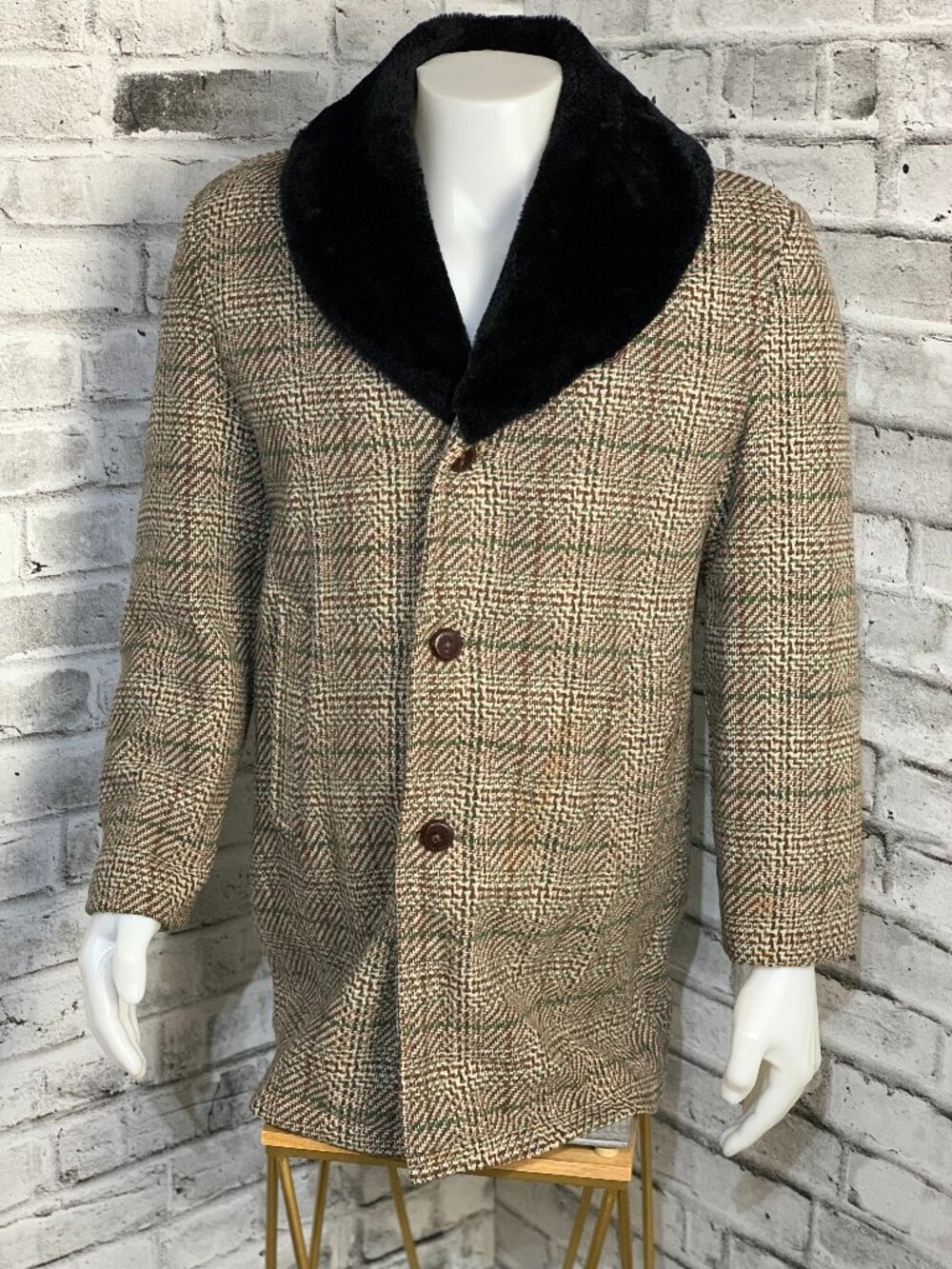 Vtg 70s Hudson's Bay Tweed Coat Overcoat Mens 38 Faux Fur Collar Retro Peacoat